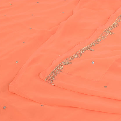 Sanskriti Vintage Peach Indian Sarees Georgette Hand Beaded Fabric Cultural Sari