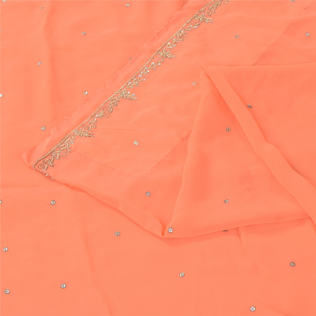 Sanskriti Vintage Peach Indian Sarees Georgette Hand Beaded Fabric Cultural Sari