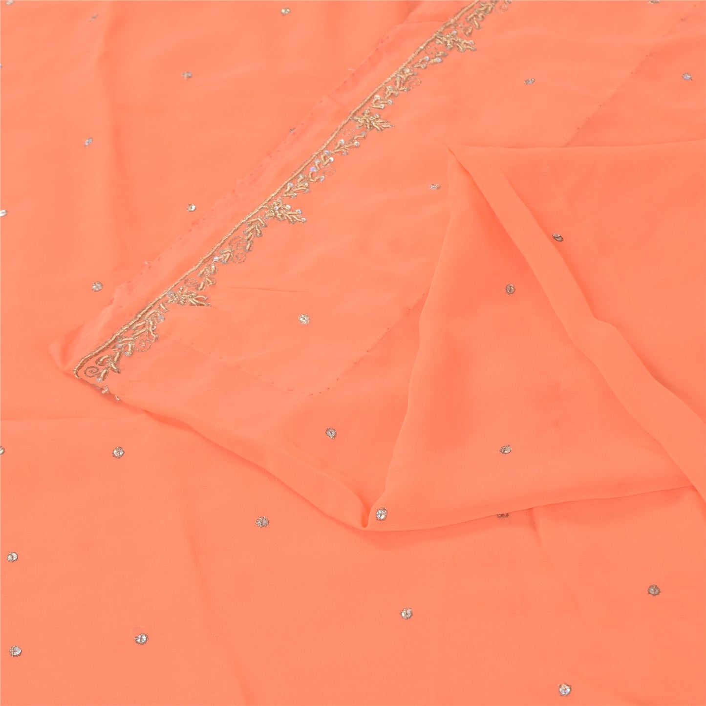 Sanskriti Vintage Peach Indian Sarees Georgette Hand Beaded Fabric Cultural Sari