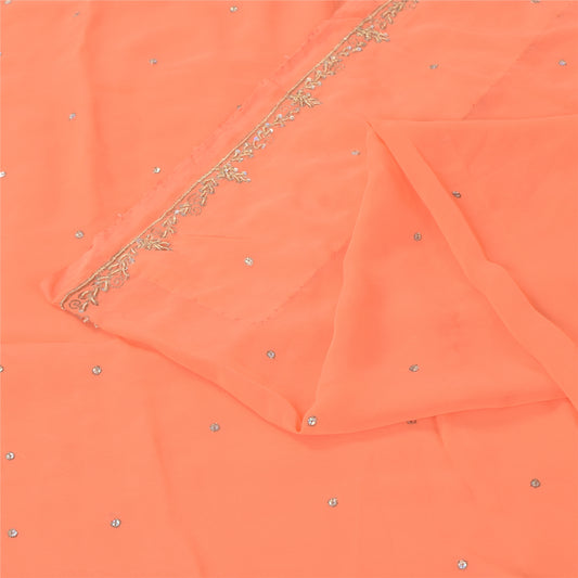 Sanskriti Vintage Peach Indian Sarees Georgette Hand Beaded Fabric Cultural Sari