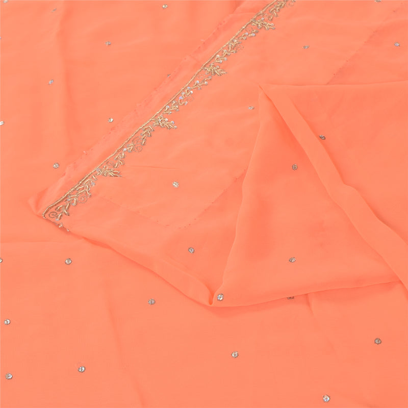 Sanskriti Vintage Peach Indian Sarees Georgette Hand Beaded Fabric Cultural Sari
