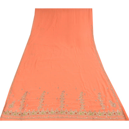 Sanskriti Vintage Peach Indian Sarees Georgette Hand Beaded Fabric Cultural Sari