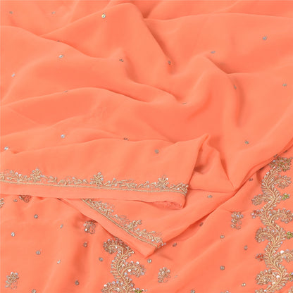 Sanskriti Vintage Peach Indian Sarees Georgette Hand Beaded Fabric Cultural Sari