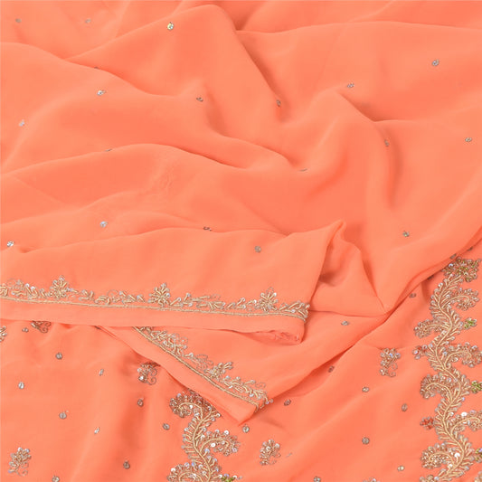 Sanskriti Vintage Peach Indian Sarees Georgette Hand Beaded Fabric Cultural Sari