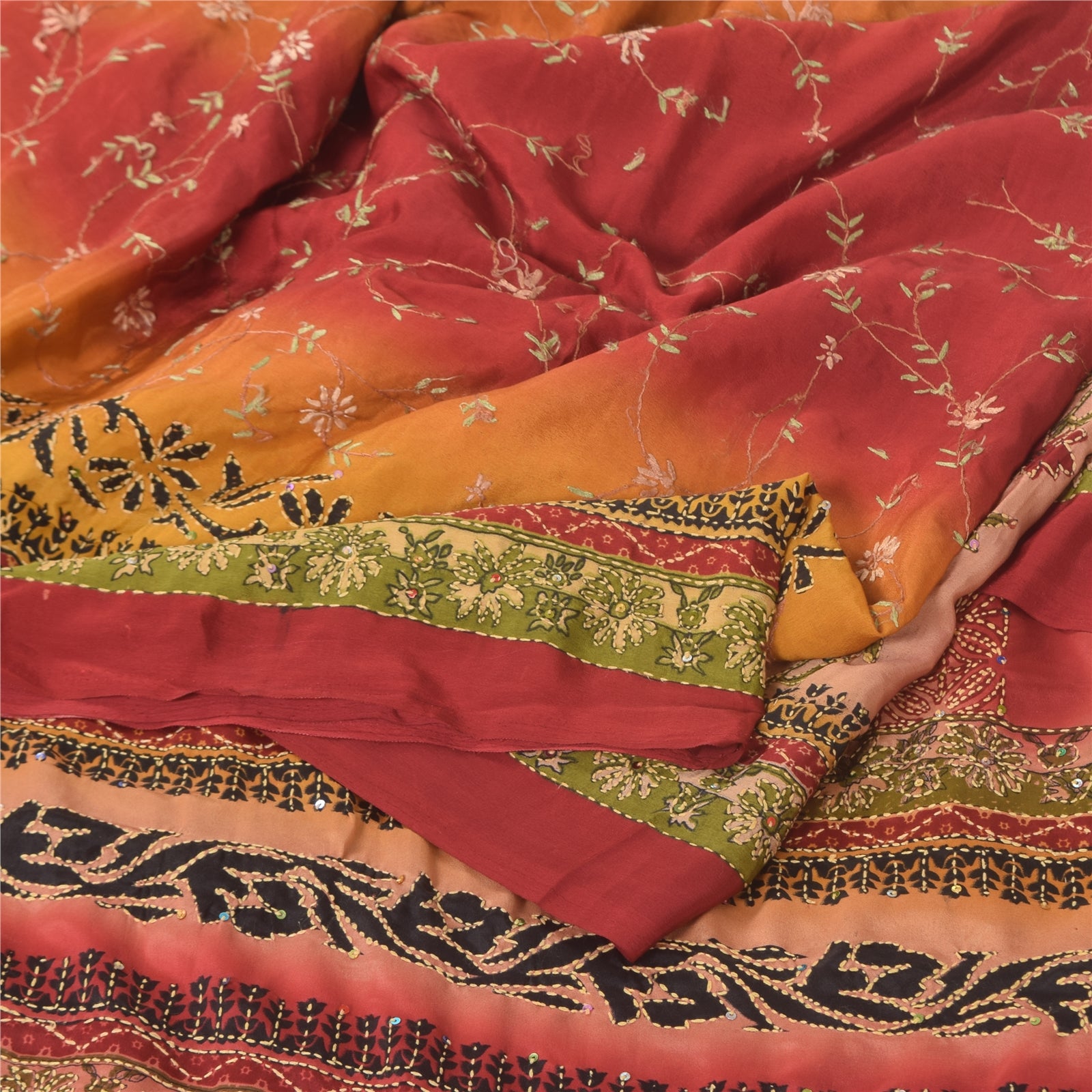 Sanskriti Vintage Sarees Crepe Hand Embroidered Kantha Printed Sari Craft Fabric