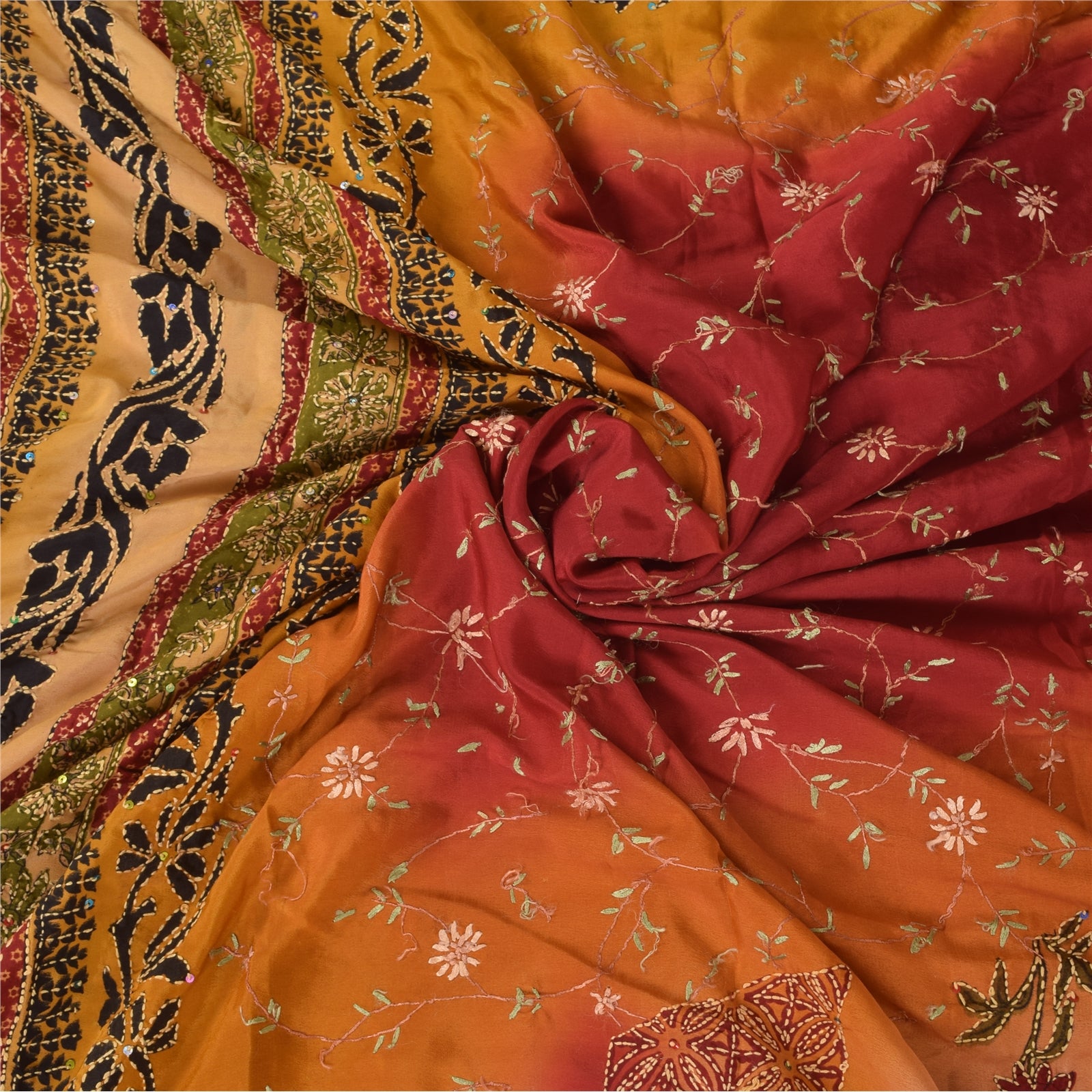 Sanskriti Vintage Sarees Crepe Hand Embroidered Kantha Printed Sari Craft Fabric