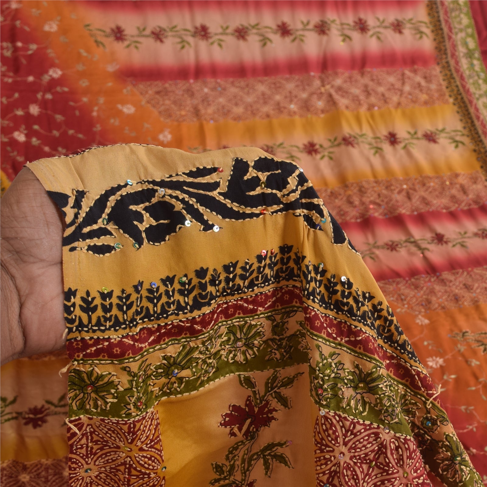 Sanskriti Vintage Sarees Crepe Hand Embroidered Kantha Printed Sari Craft Fabric