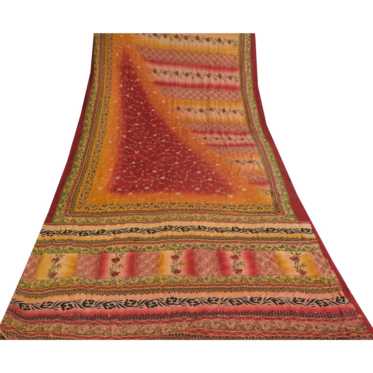 Sanskriti Vintage Sarees Crepe Hand Embroidered Kantha Printed Sari Craft Fabric