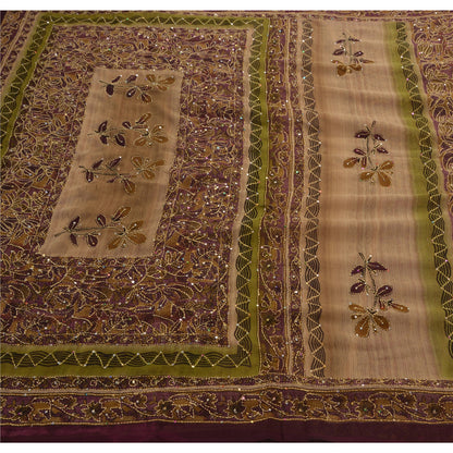 Vintage Indian Sarees Georgette Hand Embroidered Fabric Kantha Premium Sari