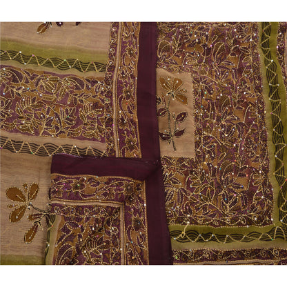 Vintage Indian Sarees Georgette Hand Embroidered Fabric Kantha Premium Sari