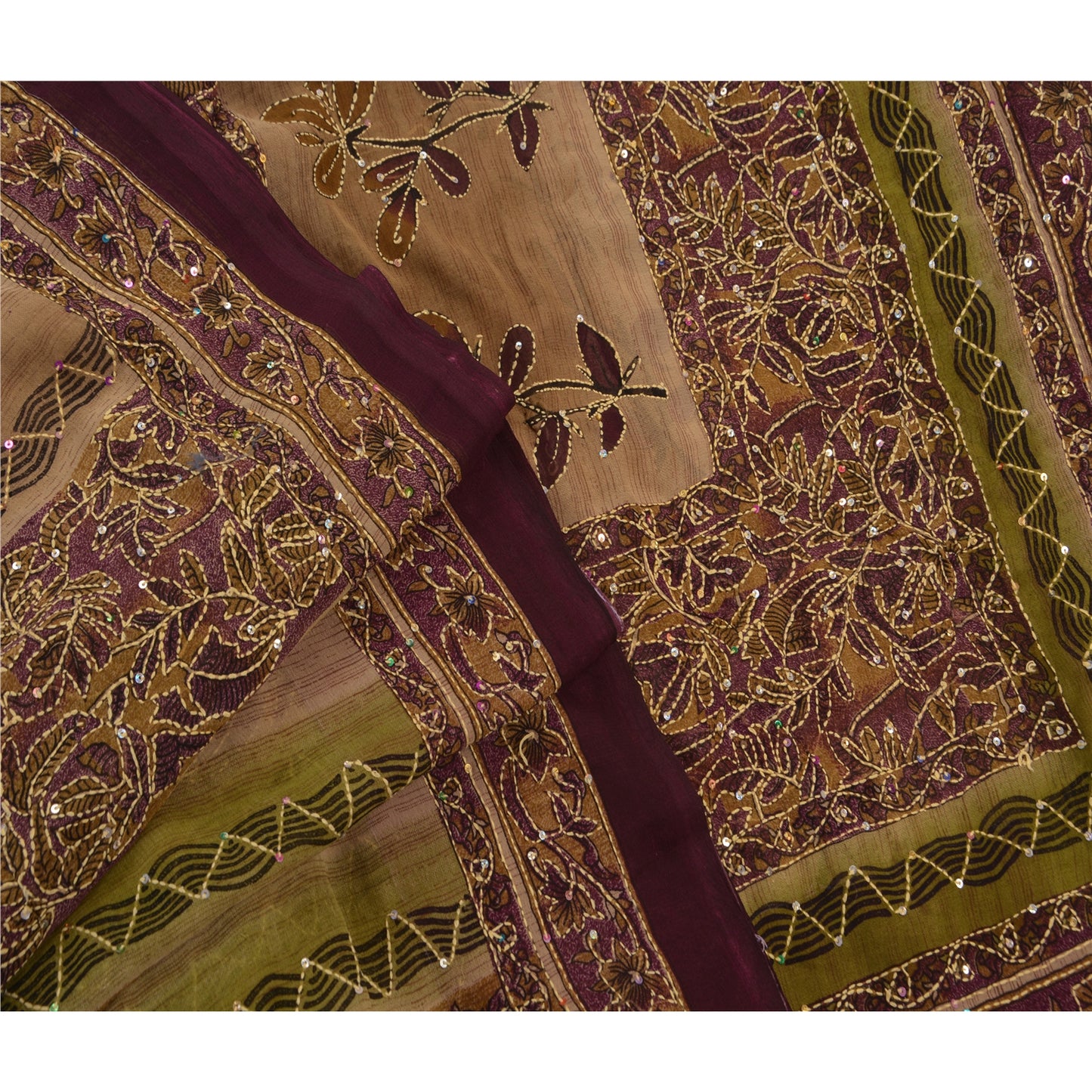 Vintage Indian Sarees Georgette Hand Embroidered Fabric Kantha Premium Sari