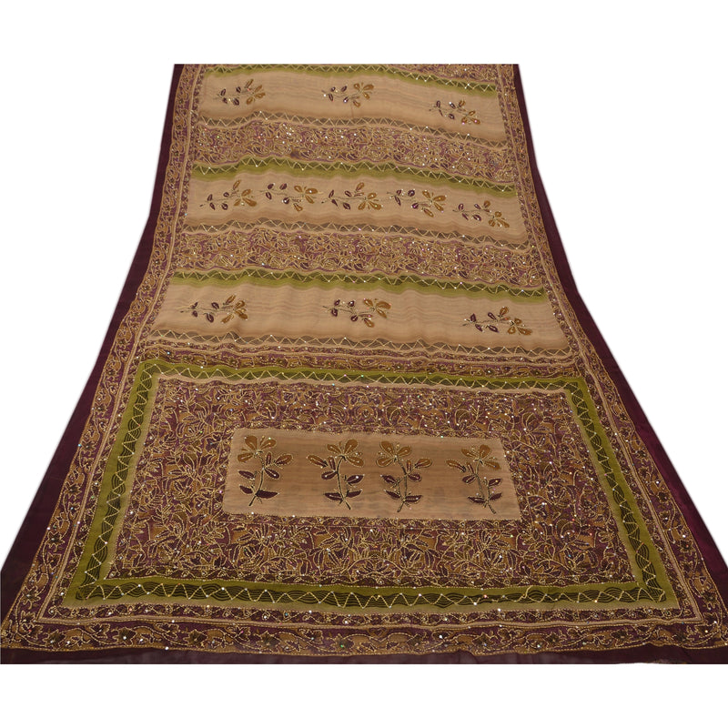Vintage Indian Sarees Georgette Hand Embroidered Fabric Kantha Premium Sari