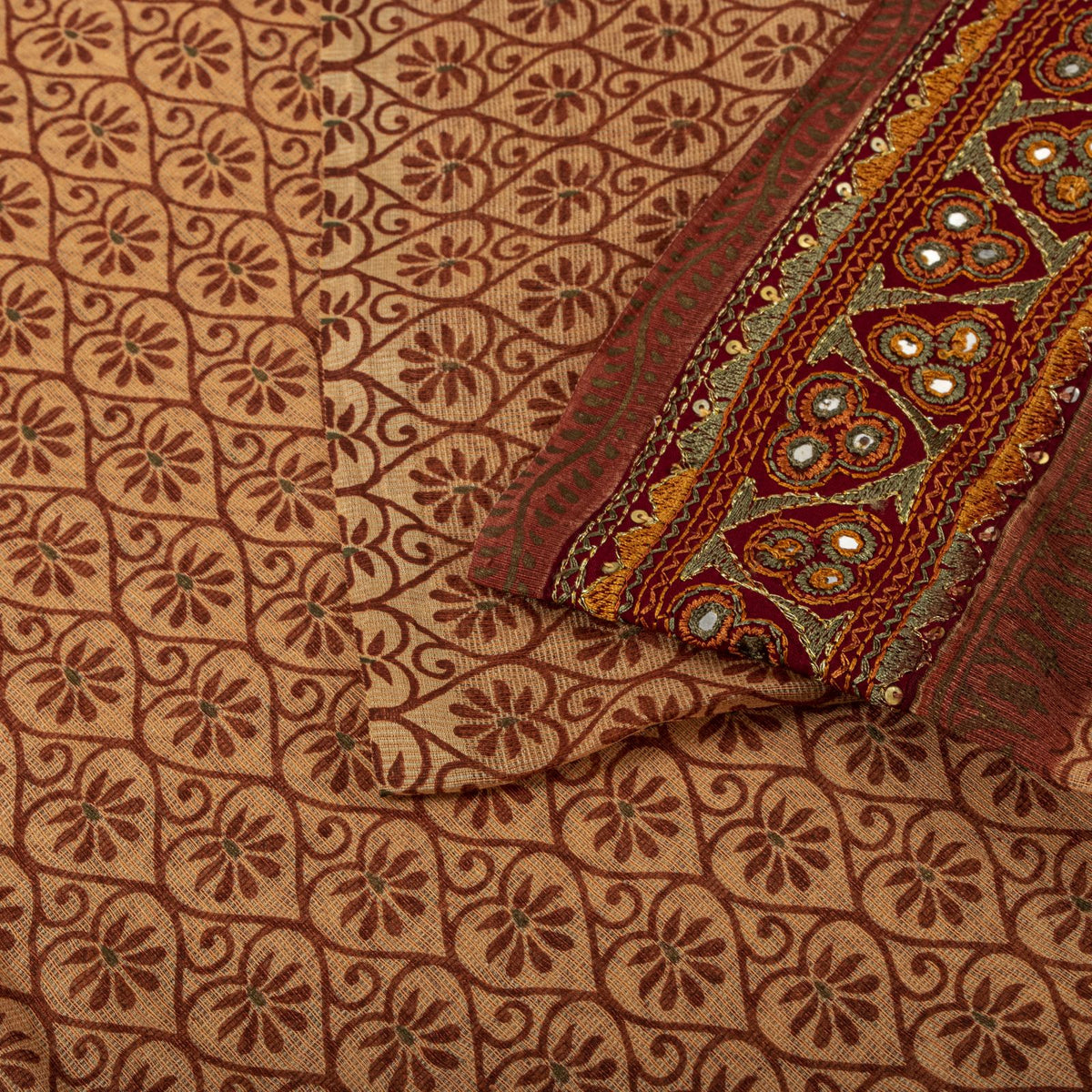 Sanskriti Vintage Kota Woven-Embroidered-Printed Cotton Saree Peach Sari Fabric