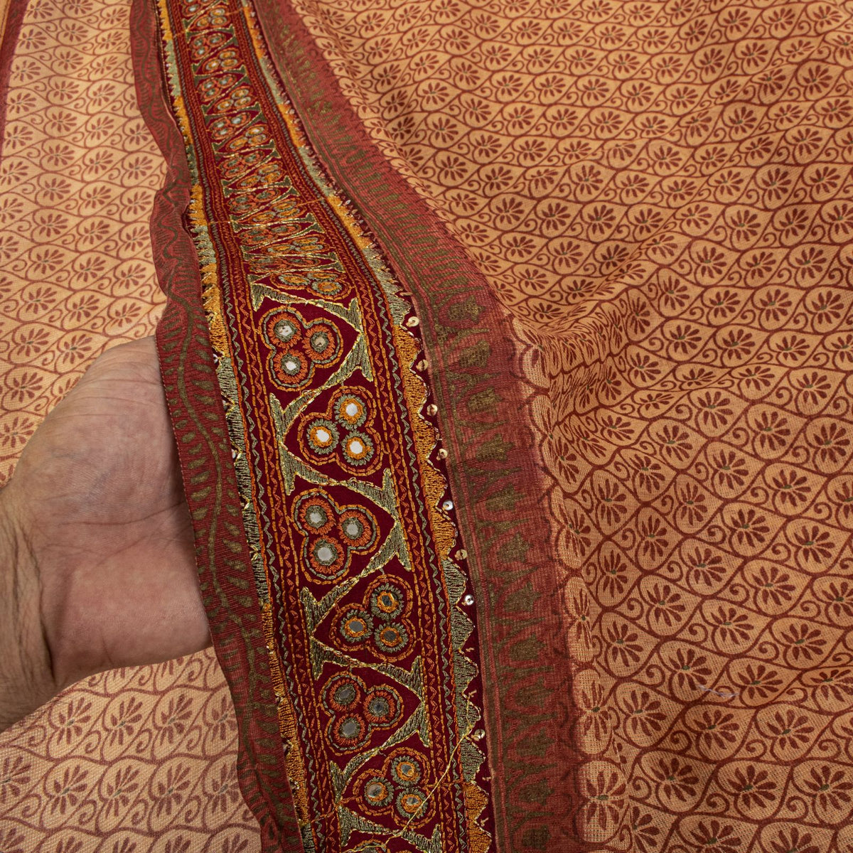 Sanskriti Vintage Kota Woven-Embroidered-Printed Cotton Saree Peach Sari Fabric