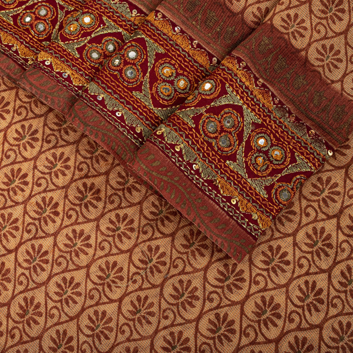 Sanskriti Vintage Kota Woven-Embroidered-Printed Cotton Saree Peach Sari Fabric