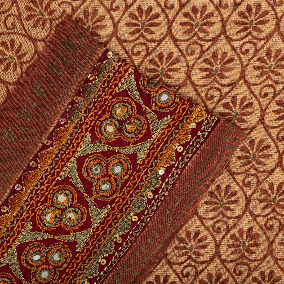 Sanskriti Vintage Kota Woven-Embroidered-Printed Cotton Saree Peach Sari Fabric