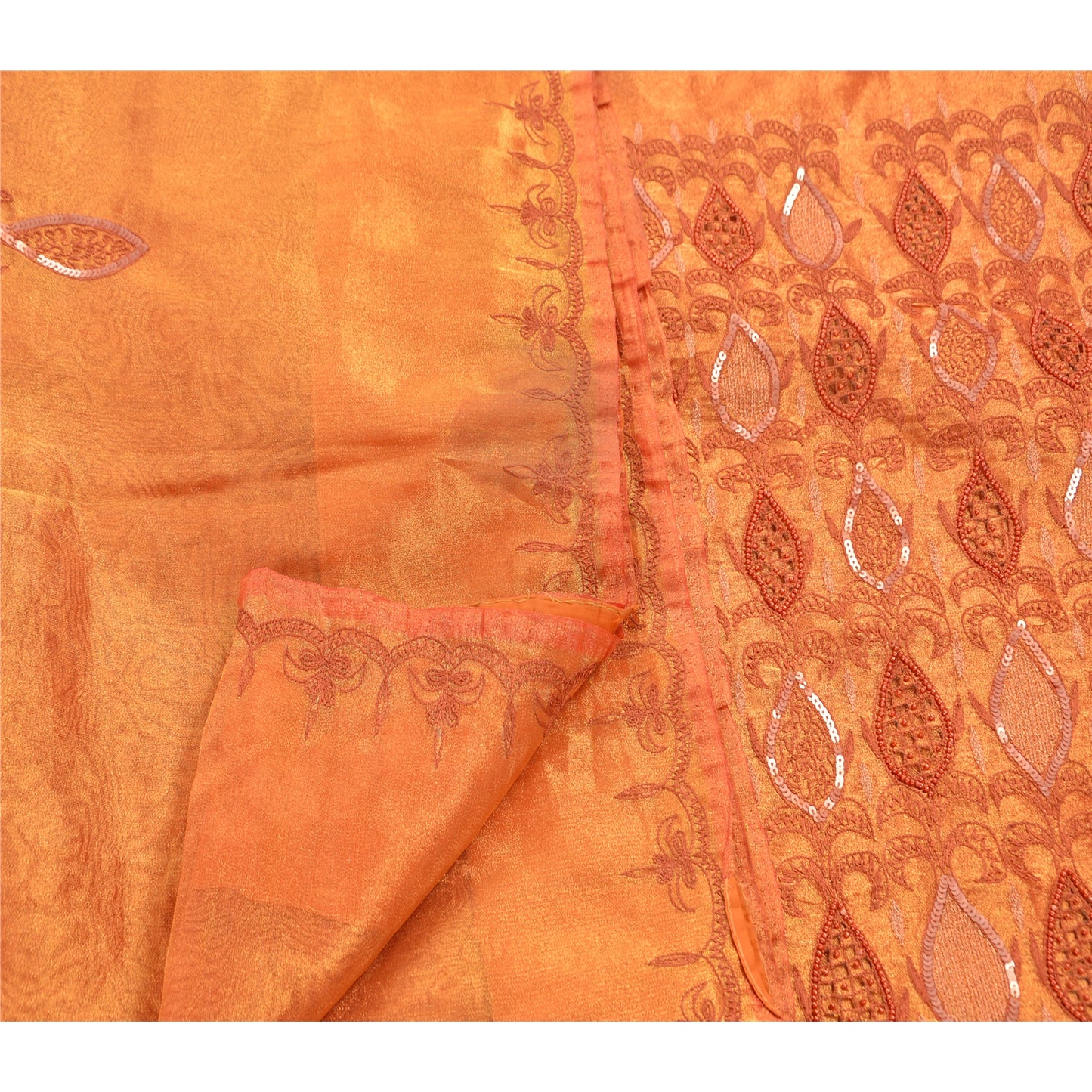 Sanskriti Vintage Golden Sarees Tissue Hand Embroidery Fabric Premium Sari