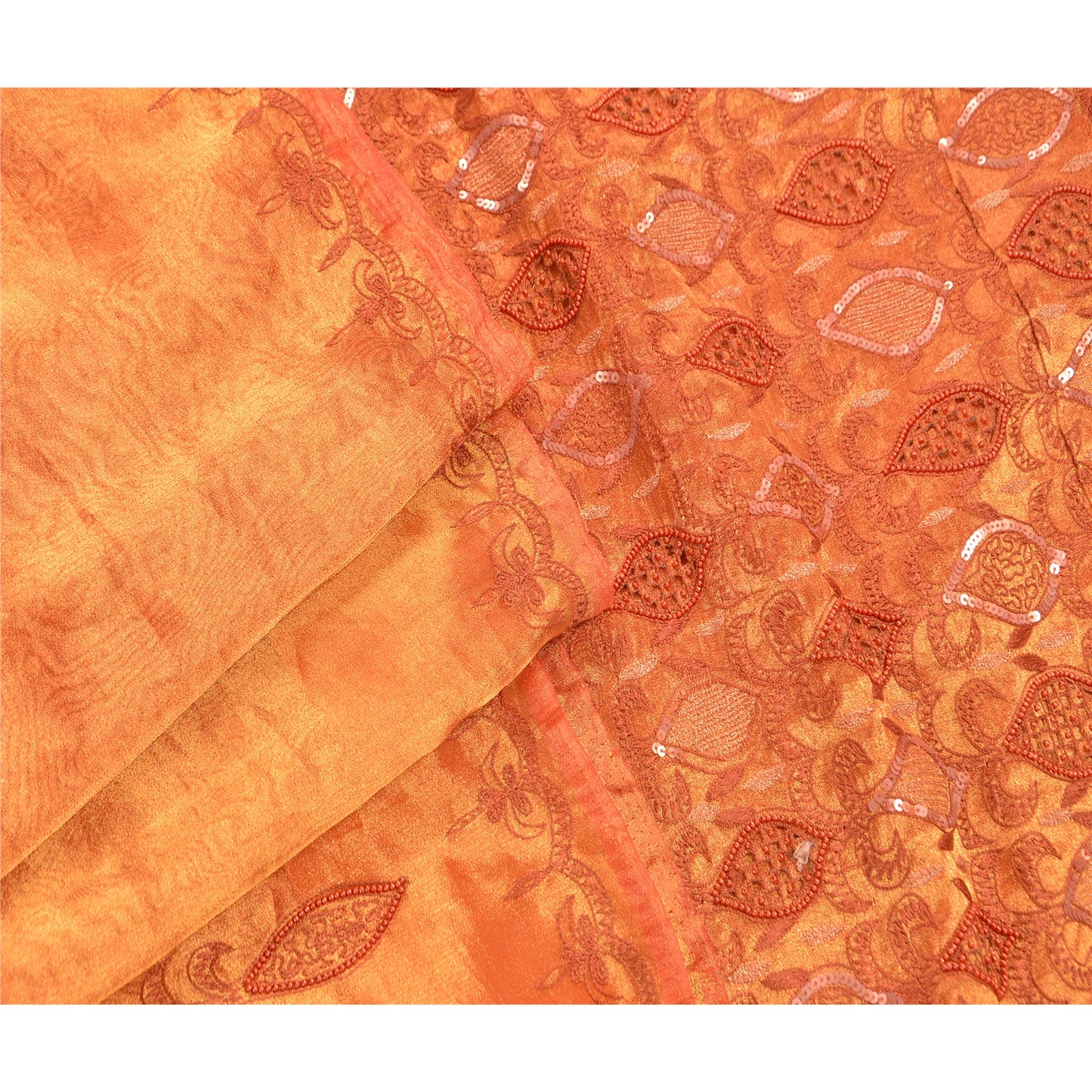 Sanskriti Vintage Golden Sarees Tissue Hand Embroidery Fabric Premium Sari