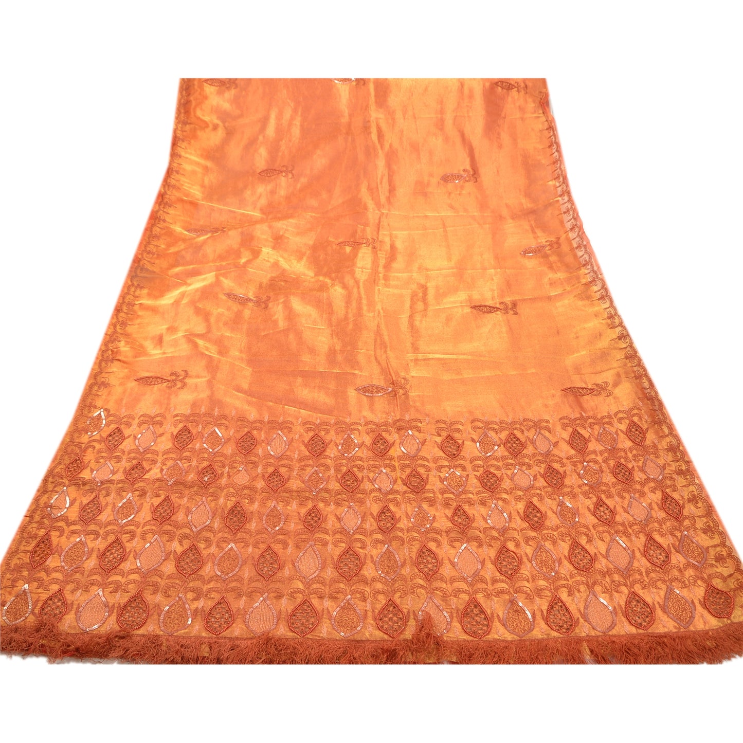Sanskriti Vintage Golden Sarees Tissue Hand Embroidery Fabric Premium Sari