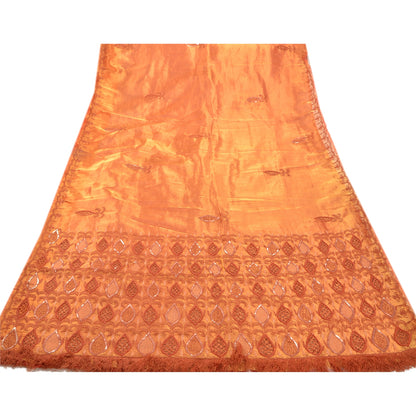 Sanskriti Vintage Golden Sarees Tissue Hand Embroidery Fabric Premium Sari