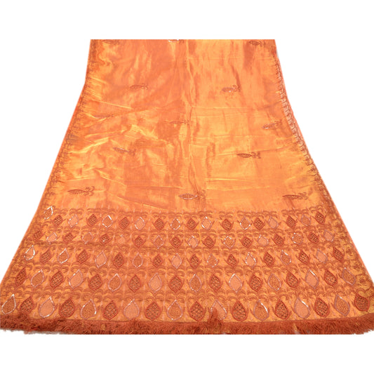 Sanskriti Vintage Golden Sarees Tissue Hand Embroidery Fabric Premium Sari
