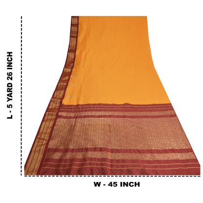 Sanskriti Vintage Sari Art Silk Indian Yellow/Dark Red Sarees Zari Woven 5YD Craft Fabric Add-Elegance to Table Linen, Curtains Cushion