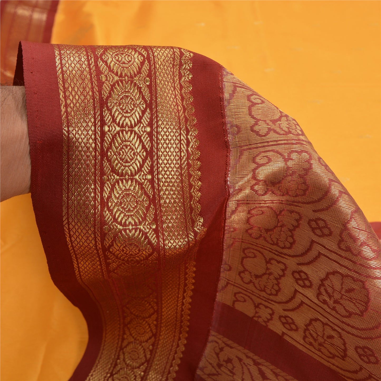 Sanskriti Vintage Sari Art Silk Indian Yellow/Dark Red Sarees Zari Woven 5YD Craft Fabric Add-Elegance to Table Linen, Curtains Cushion