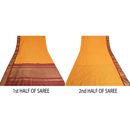 Sanskriti Vintage Sari Art Silk Indian Yellow/Dark Red Sarees Zari Woven 5YD Craft Fabric Add-Elegance to Table Linen, Curtains Cushion