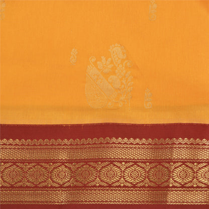Sanskriti Vintage Sari Art Silk Indian Yellow/Dark Red Sarees Zari Woven 5YD Craft Fabric Add-Elegance to Table Linen, Curtains Cushion