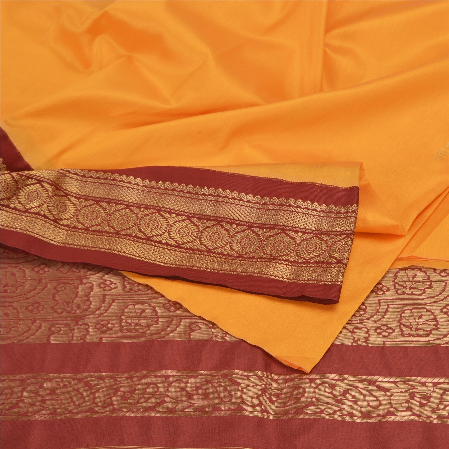 Sanskriti Vintage Sari Art Silk Indian Yellow/Dark Red Sarees Zari Woven 5YD Craft Fabric Add-Elegance to Table Linen, Curtains Cushion