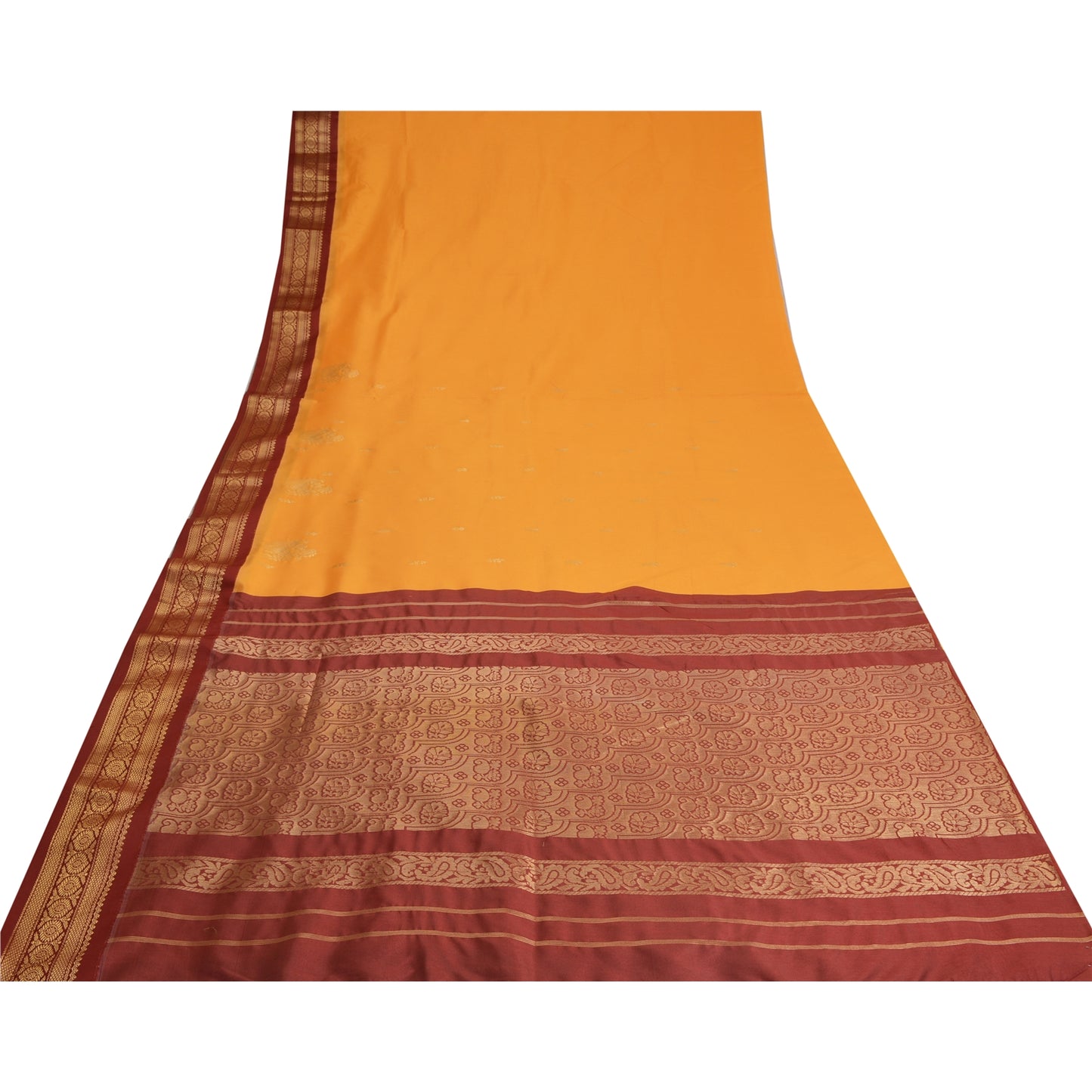 Sanskriti Vintage Sari Art Silk Indian Yellow/Dark Red Sarees Zari Woven 5YD Craft Fabric Add-Elegance to Table Linen, Curtains Cushion