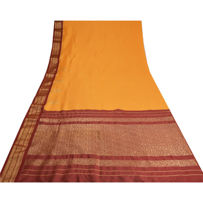 Sanskriti Vintage Sari Art Silk Indian Yellow/Dark Red Sarees Zari Woven 5YD Craft Fabric Add-Elegance to Table Linen, Curtains Cushion