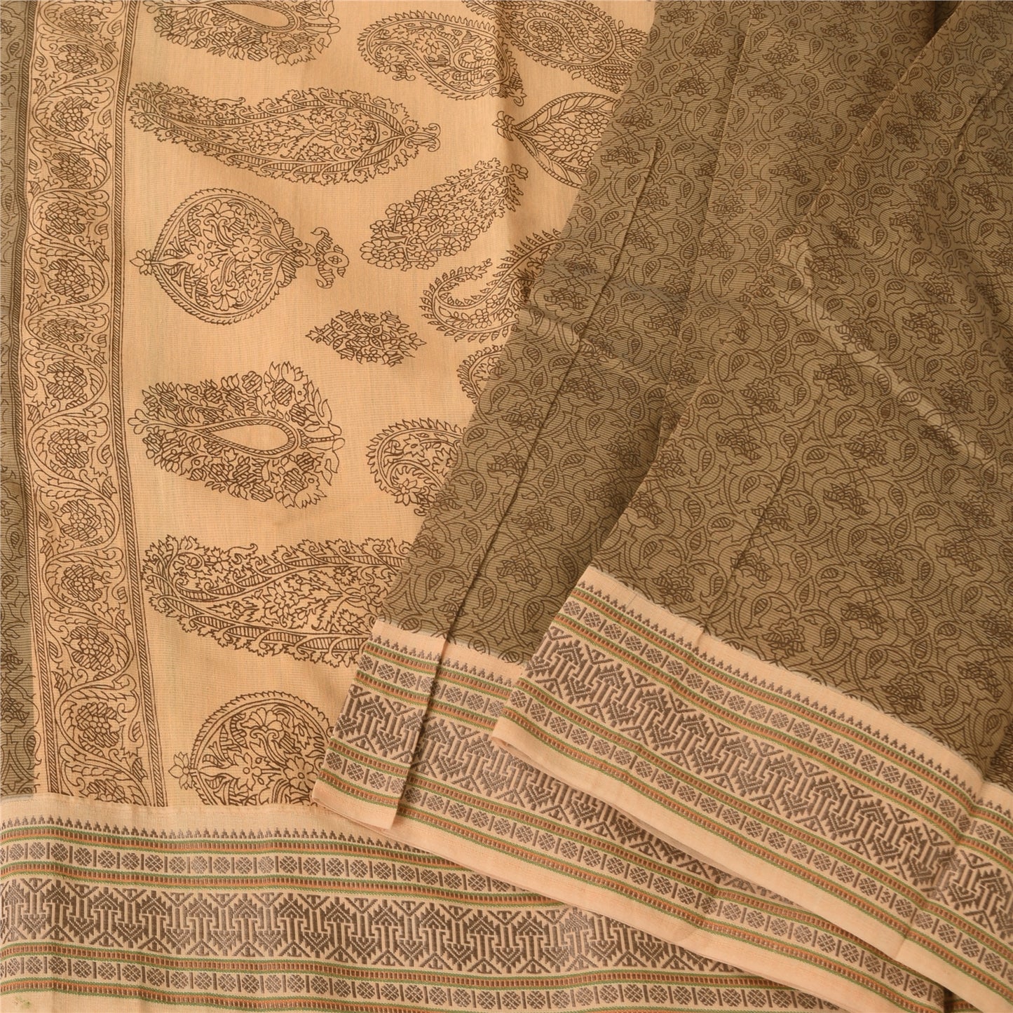 Sanskriti Vintage Brown/Cream Sarees Pure Cotton Printed Sari 5+ yd Craft Fabric