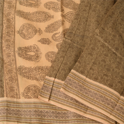 Sanskriti Vintage Brown/Cream Sarees Pure Cotton Printed Sari 5+ yd Craft Fabric