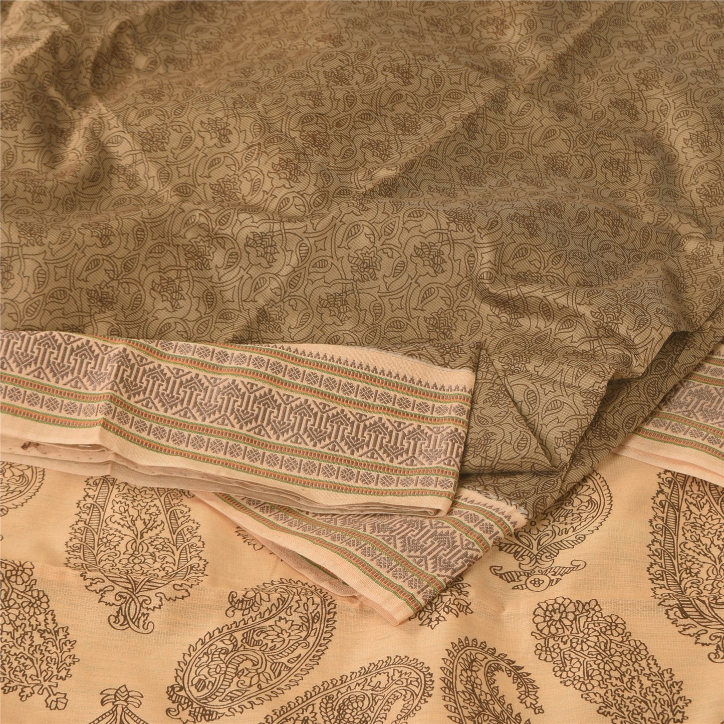 Sanskriti Vintage Brown/Cream Sarees Pure Cotton Printed Sari 5+ yd Craft Fabric