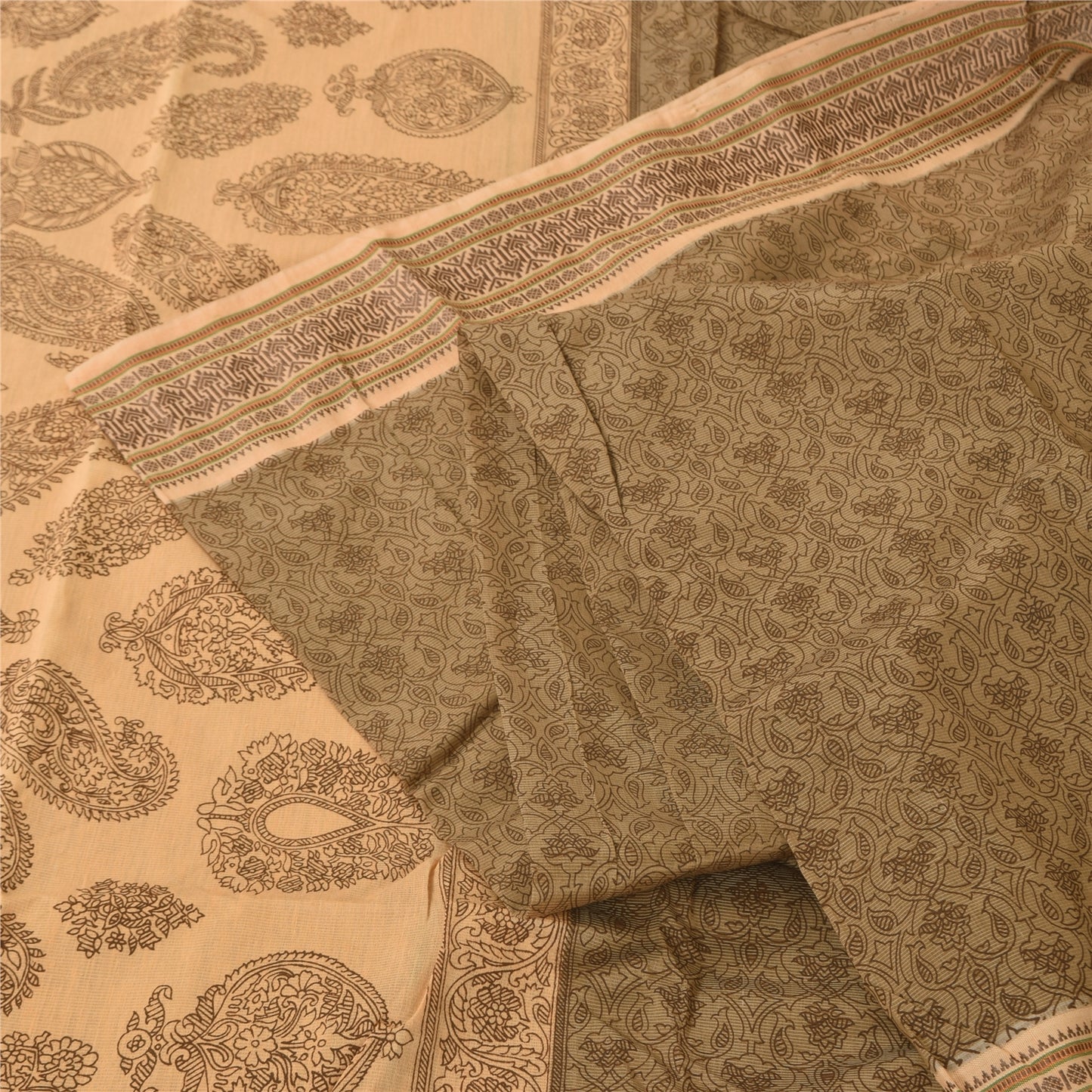 Sanskriti Vintage Brown/Cream Sarees Pure Cotton Printed Sari 5+ yd Craft Fabric