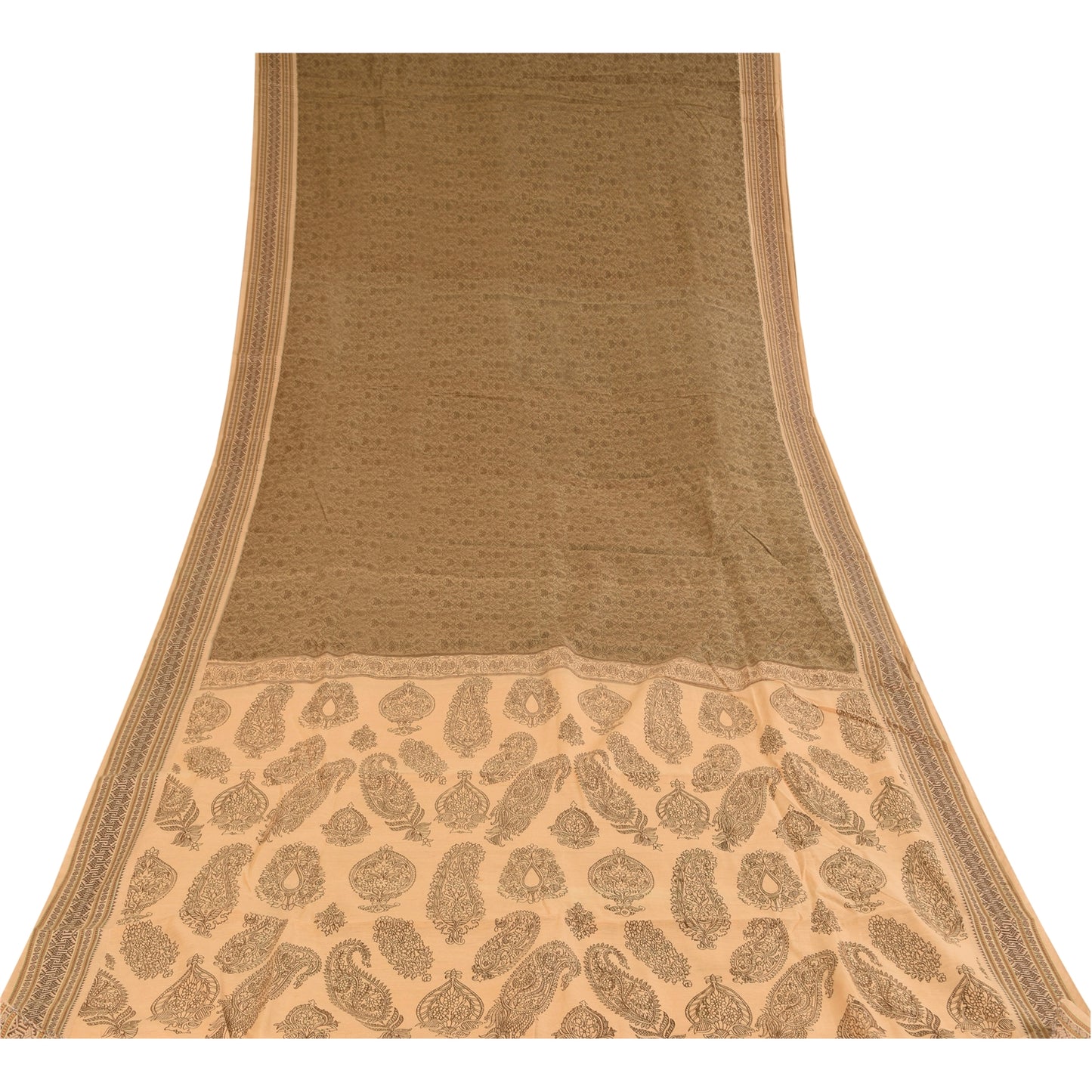 Sanskriti Vintage Brown/Cream Sarees Pure Cotton Printed Sari 5+ yd Craft Fabric