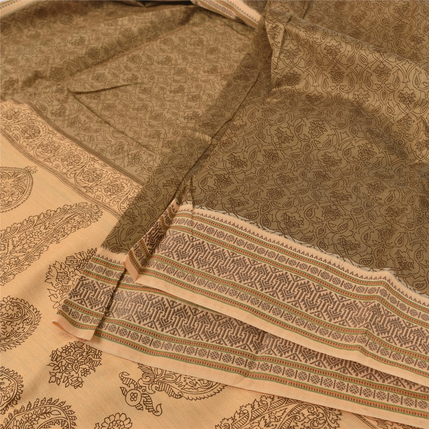 Sanskriti Vintage Brown/Cream Sarees Pure Cotton Printed Sari 5+ yd Craft Fabric
