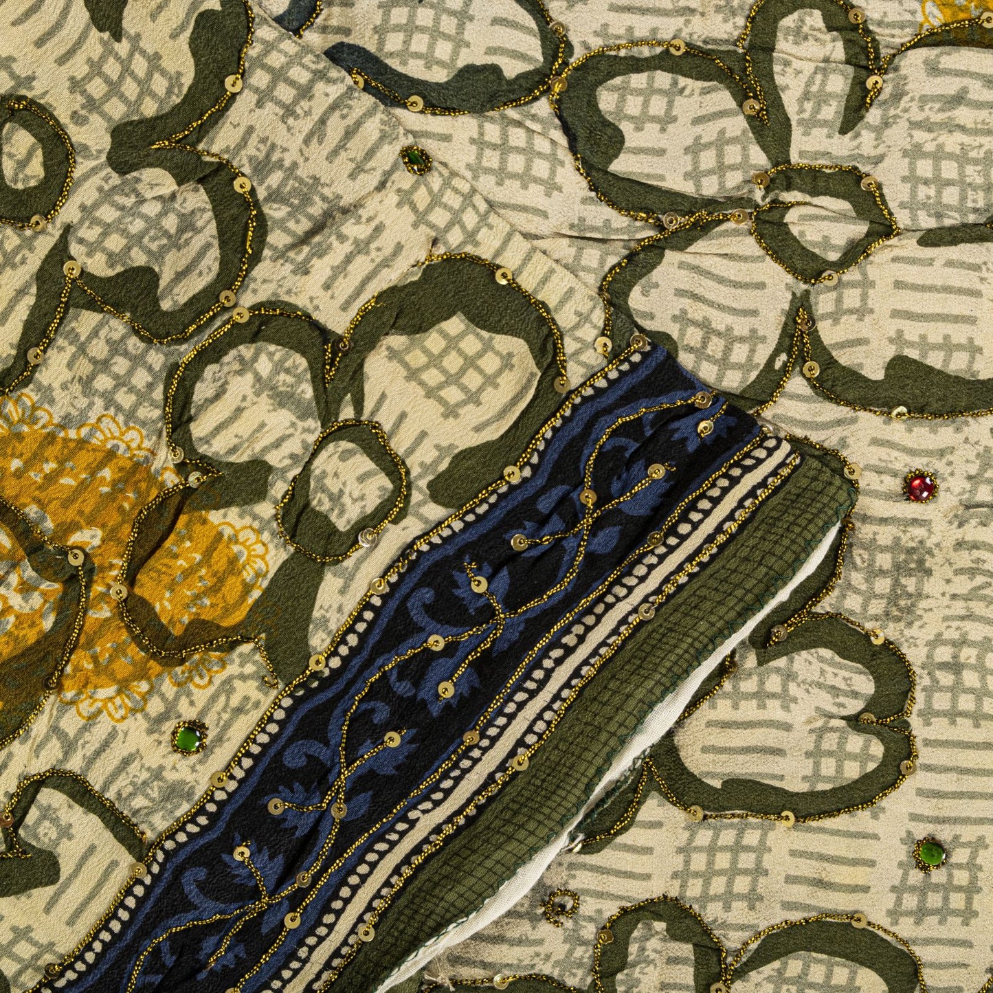 Sanskriti Vintage Saree Cream-Green Pure Crape Silk Embroidery Craft Fabric Sari