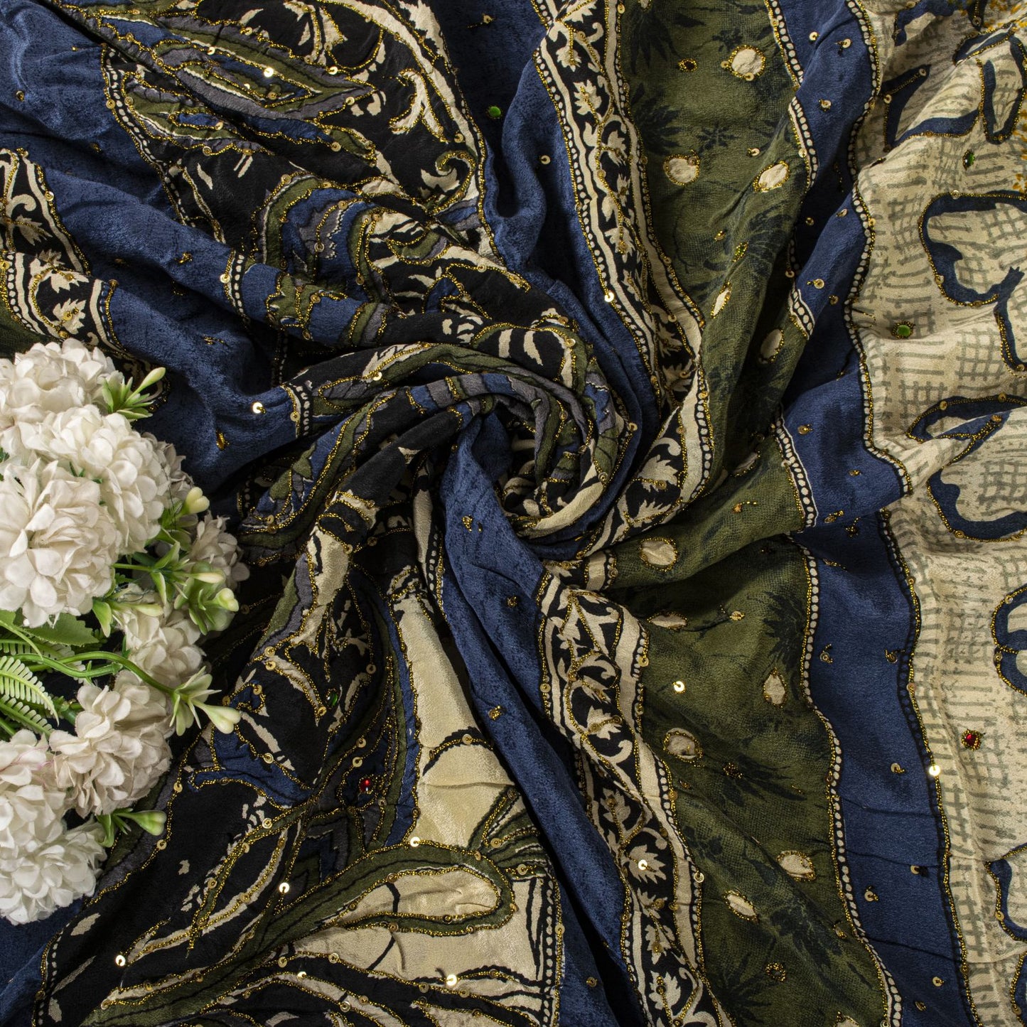 Sanskriti Vintage Saree Cream-Green Pure Crape Silk Embroidery Craft Fabric Sari