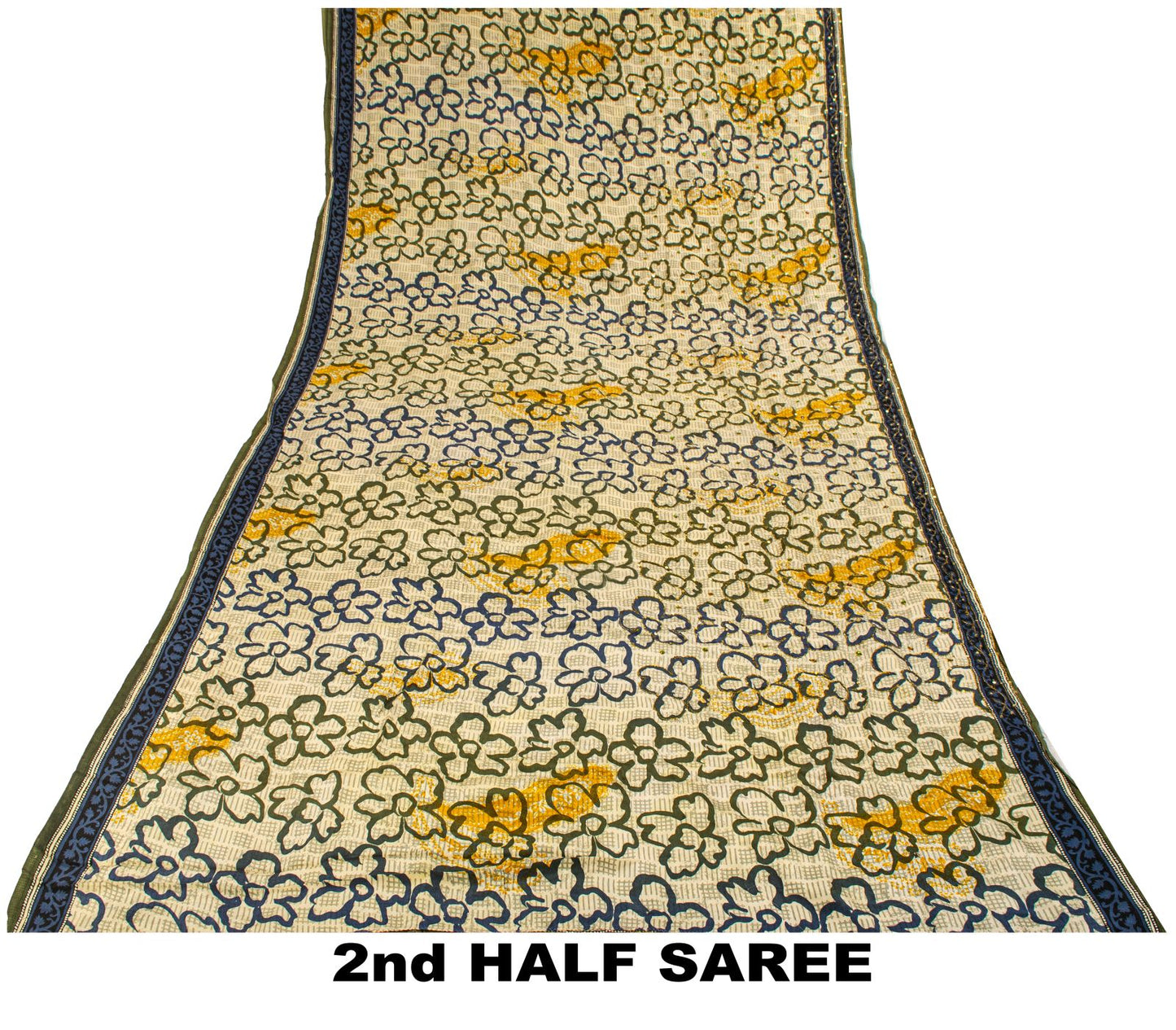 Sanskriti Vintage Saree Cream-Green Pure Crape Silk Embroidery Craft Fabric Sari