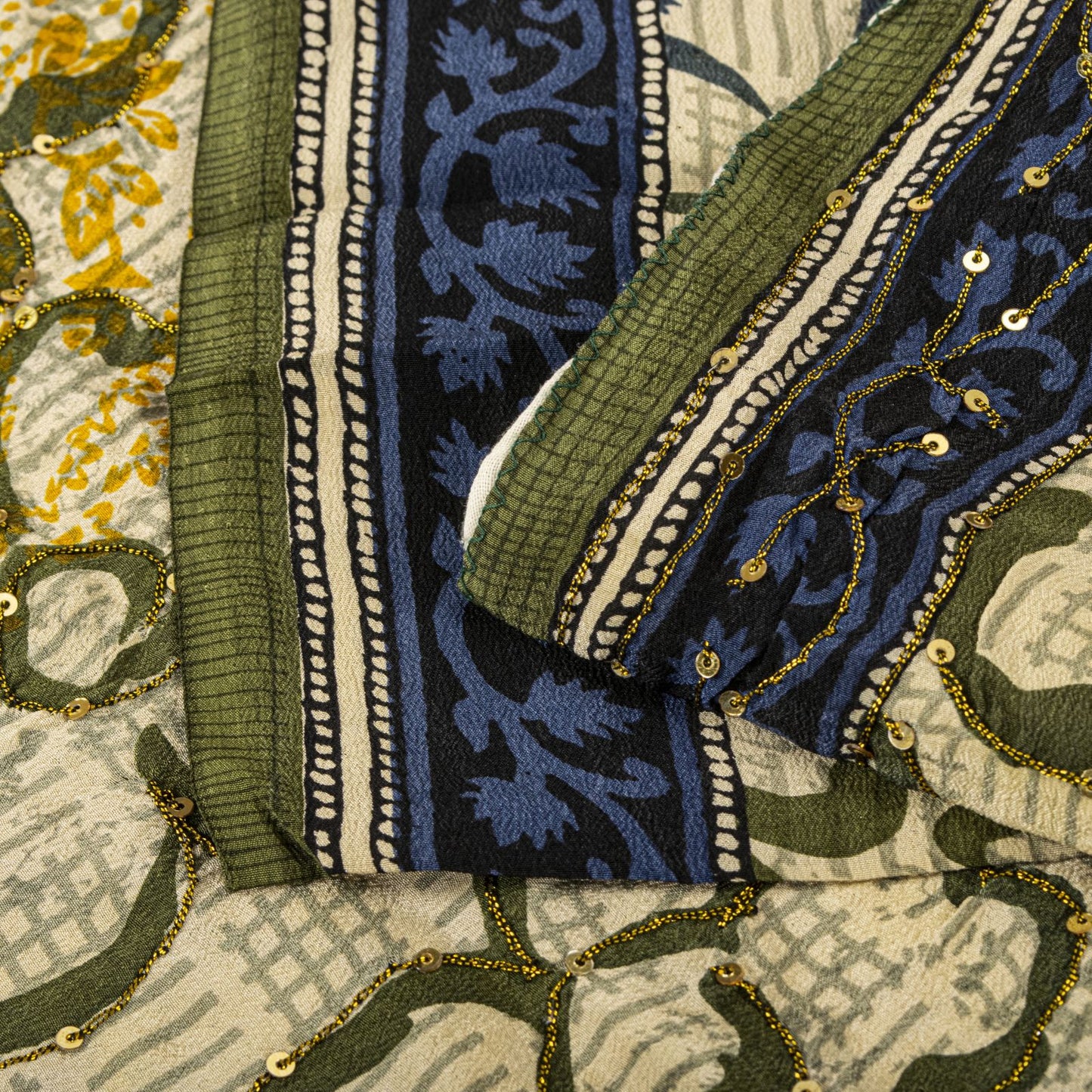 Sanskriti Vintage Saree Cream-Green Pure Crape Silk Embroidery Craft Fabric Sari
