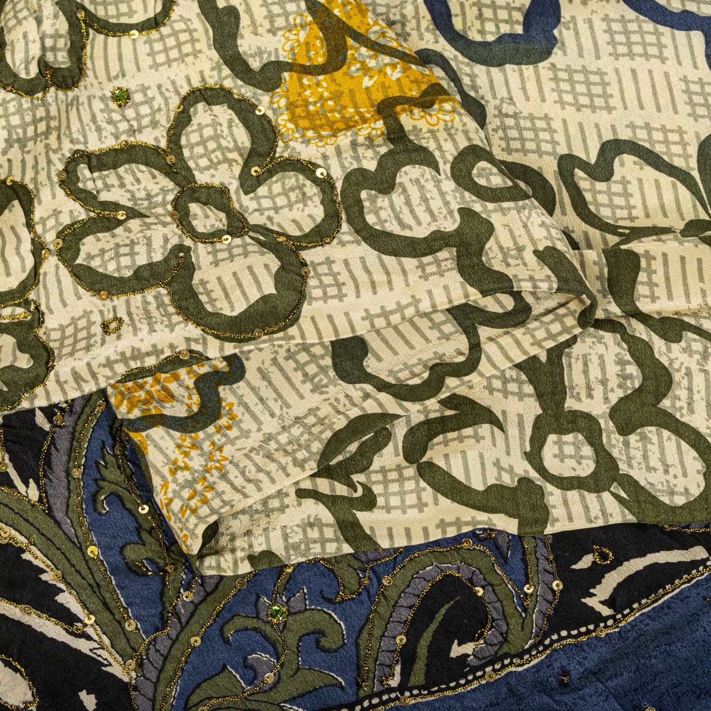 Sanskriti Vintage Saree Cream-Green Pure Crape Silk Embroidery Craft Fabric Sari