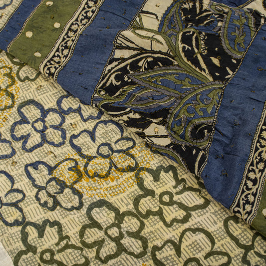Sanskriti Vintage Saree Cream-Green Pure Crape Silk Embroidery Craft Fabric Sari