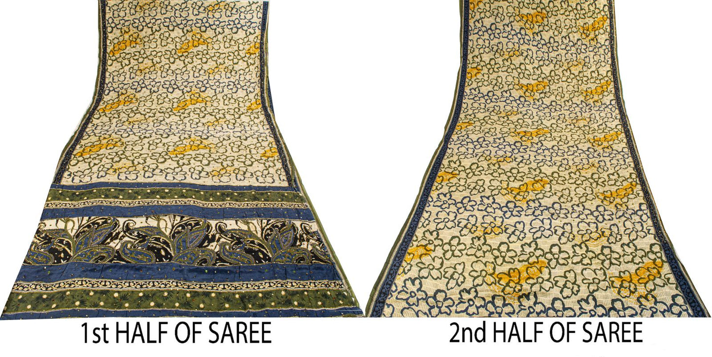 Sanskriti Vintage Saree Cream-Green Pure Crape Silk Embroidery Craft Fabric Sari