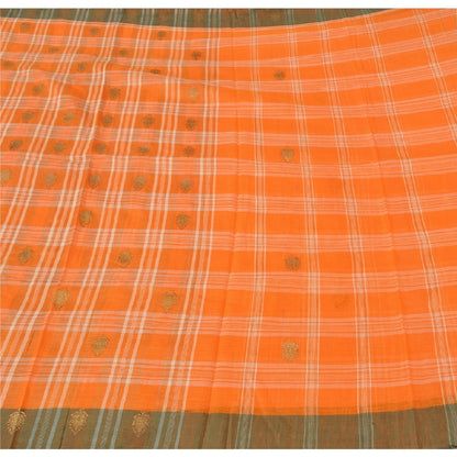 Sanskriti Vintage Indian Saree 100% Pure Cotton Woven Craft Sustainable Fabric Orange Sari