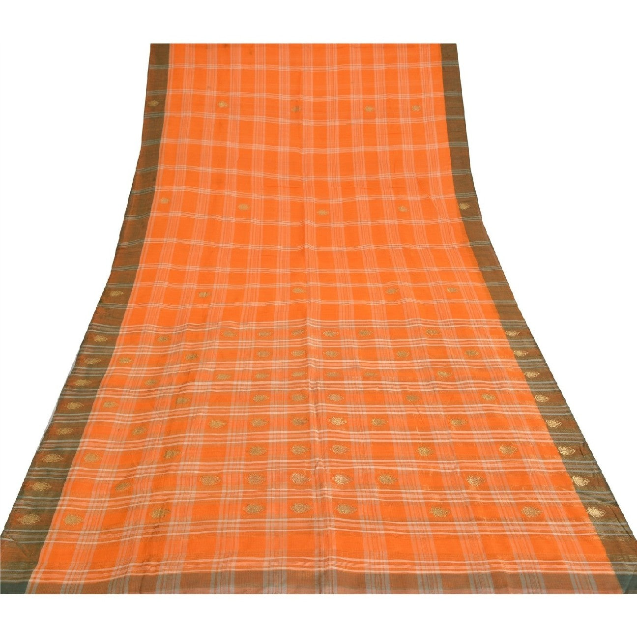 Sanskriti Vintage Indian Saree 100% Pure Cotton Woven Craft Sustainable Fabric Orange Sari