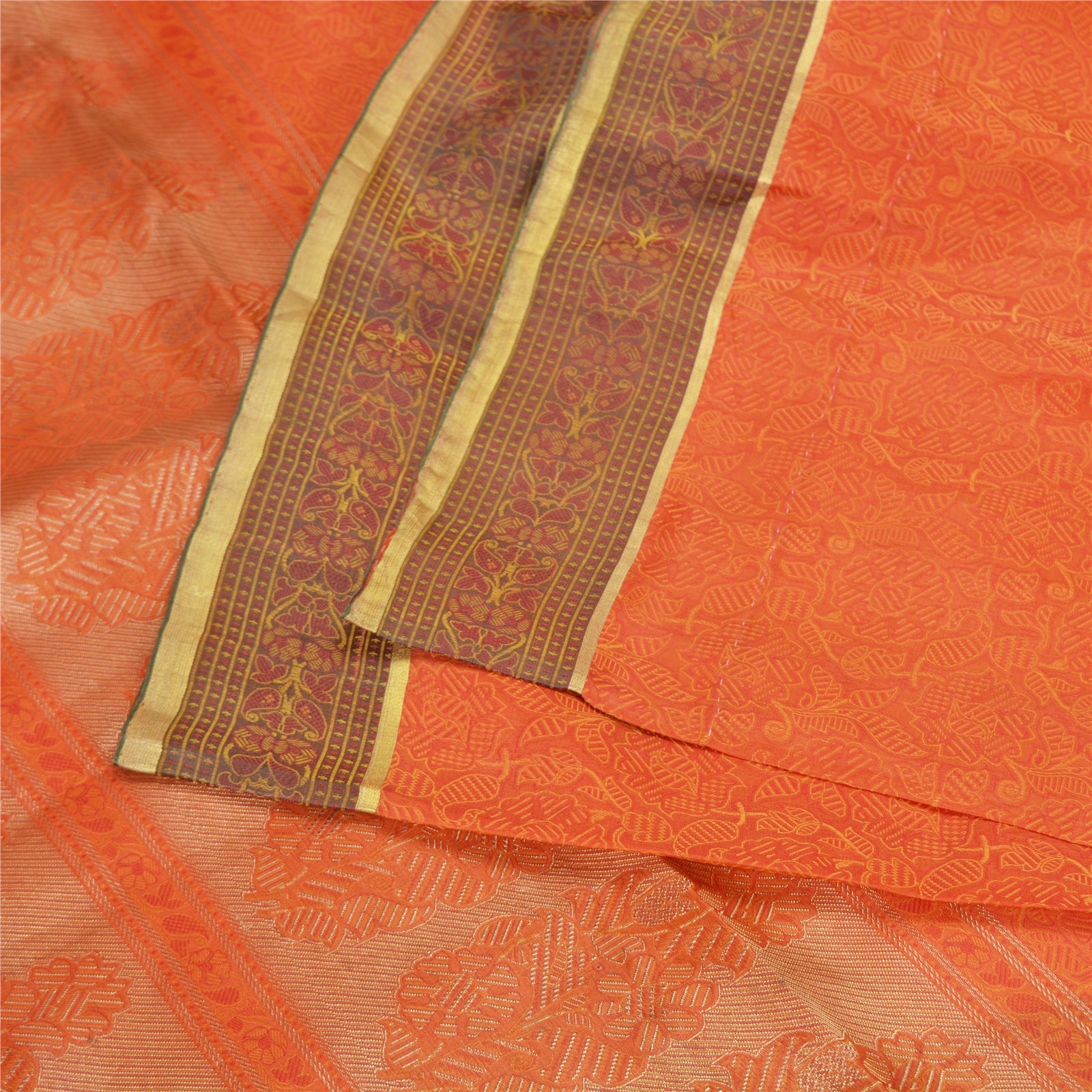 Sanskriti Vintage Orange Indian Sari 100% Pure Silk Woven Fabric Premium Sarees