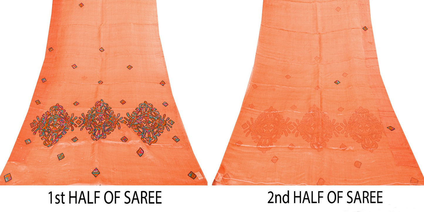 Sanskriti Vintage Sari 100% Pure Organza Silk Peach Saree Embroidered Woven 5yd Craft Fabric Pre-owned Indian Saree Upcycled Fabric