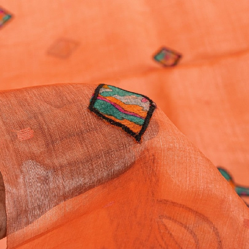 Sanskriti Vintage Peach Pure Organza Sarees Embroidered Patch Sari 5.5+YD Fabric